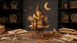 Layered plywood Halloween flying castle on a workbench with tools and glue