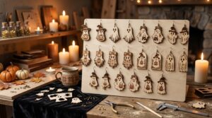 Laser cut wooden ghost earrings with tiny Halloween accessories on a jewelry display board