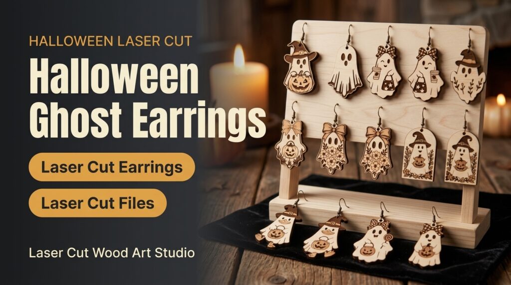 Halloween Ghost Earrings: laser cut wooden ghost earrings on a display stand next to candles