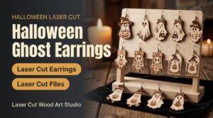 Halloween Ghost Earrings: laser cut wooden ghost earrings on a display stand next to candles