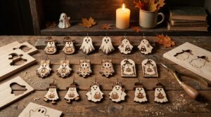 Flat lay of wooden ghost earring designs on a workbench with cut-out plywood templates and tools