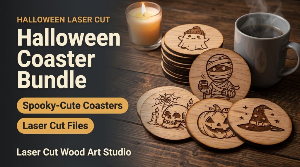 Halloween Coaster Bundle: laser cut and engraved wooden Halloween coasters next to a steaming mug