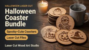 Halloween Coaster Bundle: laser cut and engraved wooden Halloween coasters next to a steaming mug