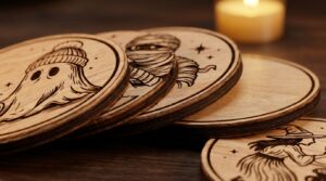 Close-up of engraved ghost and mummy designs on wooden Halloween coasters