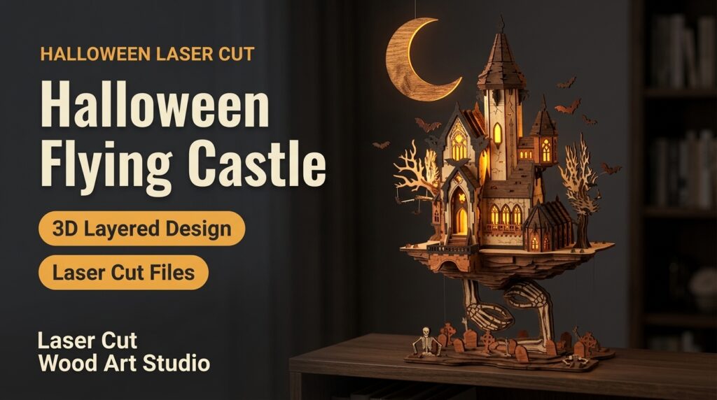 Halloween Flying Castle: a 3D layered laser cut plywood castle on a floating island with a crescent moon