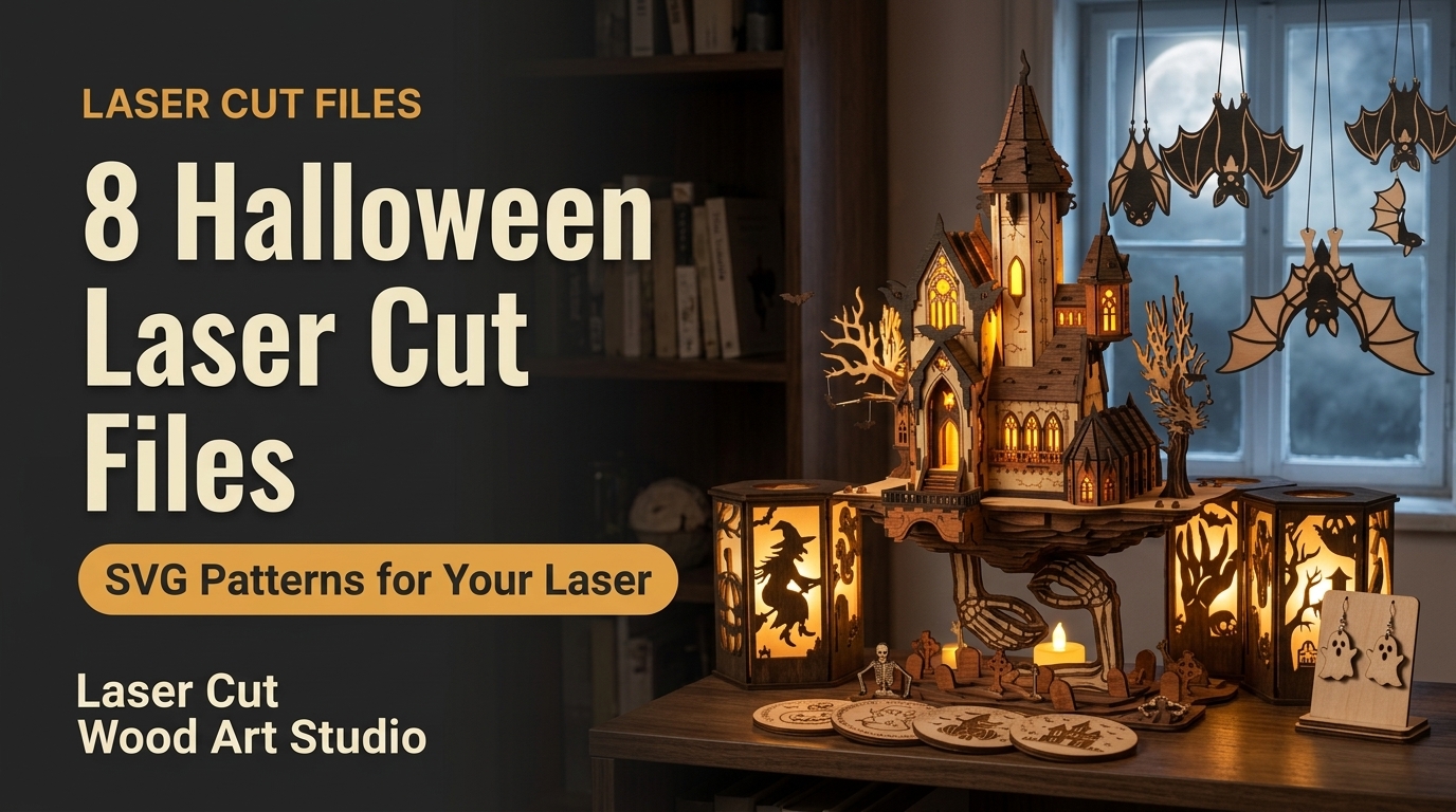 8 Halloween laser cut files: layered flying castle, shadow candle holders, hanging bats and wooden ghost earrings