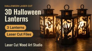 3D Halloween Lanterns: three hexagonal laser cut plywood lanterns glowing with warm light