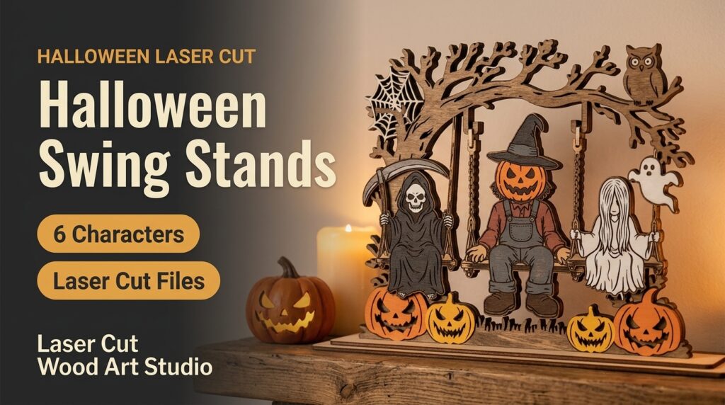 Halloween Swing Stands: layered laser cut characters on tree swings, a Grim Reaper, a scarecrow and a ghost girl