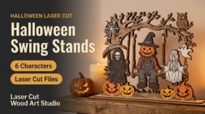 Halloween Swing Stands: layered laser cut characters on tree swings, a Grim Reaper, a scarecrow and a ghost girl