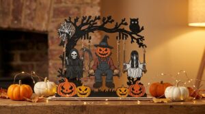 Layered laser cut swing stand with a Grim Reaper, a scarecrow and a ghost girl on a mantel with pumpkins