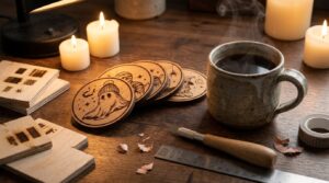 Engraved Halloween coasters on a wooden table with a mug of coffee and candles