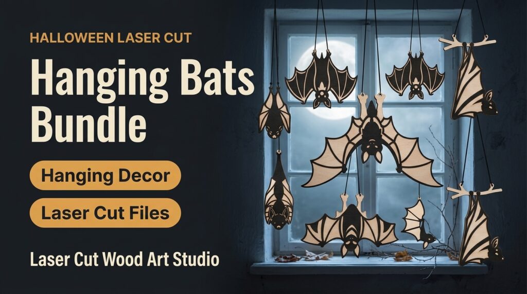 Hanging Bats Bundle: laser cut plywood bats hanging in a moonlit window