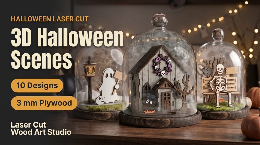 3D Halloween Scenes: miniature layered plywood Halloween scenes under glass domes