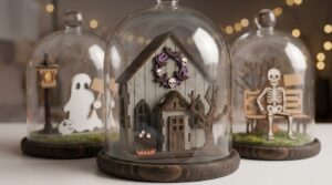 Close-up of three glass domes with a ghost by a street lamp, a haunted house with a skull wreath and a skeleton on a bench