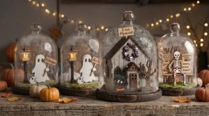 Three layered laser cut Halloween scenes under glass domes with small pumpkins