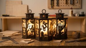 Three laser cut Halloween lanterns glowing on a workbench with plywood offcuts and tools