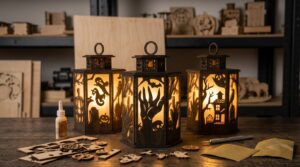 Glowing laser cut Halloween lanterns on a workbench next to lantern parts