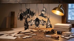 Laser cut plywood bats and plywood parts on a workbench under a desk lamp