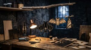 Plywood bats hanging above a workbench in a dark workshop with a moonlit window