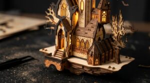 Close-up of a layered 3D laser cut plywood Halloween castle