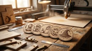 Wooden Halloween coasters on a workbench next to a laser cutter