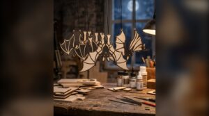 Laser cut bats hanging over a workbench with plywood offcuts and finishing supplies